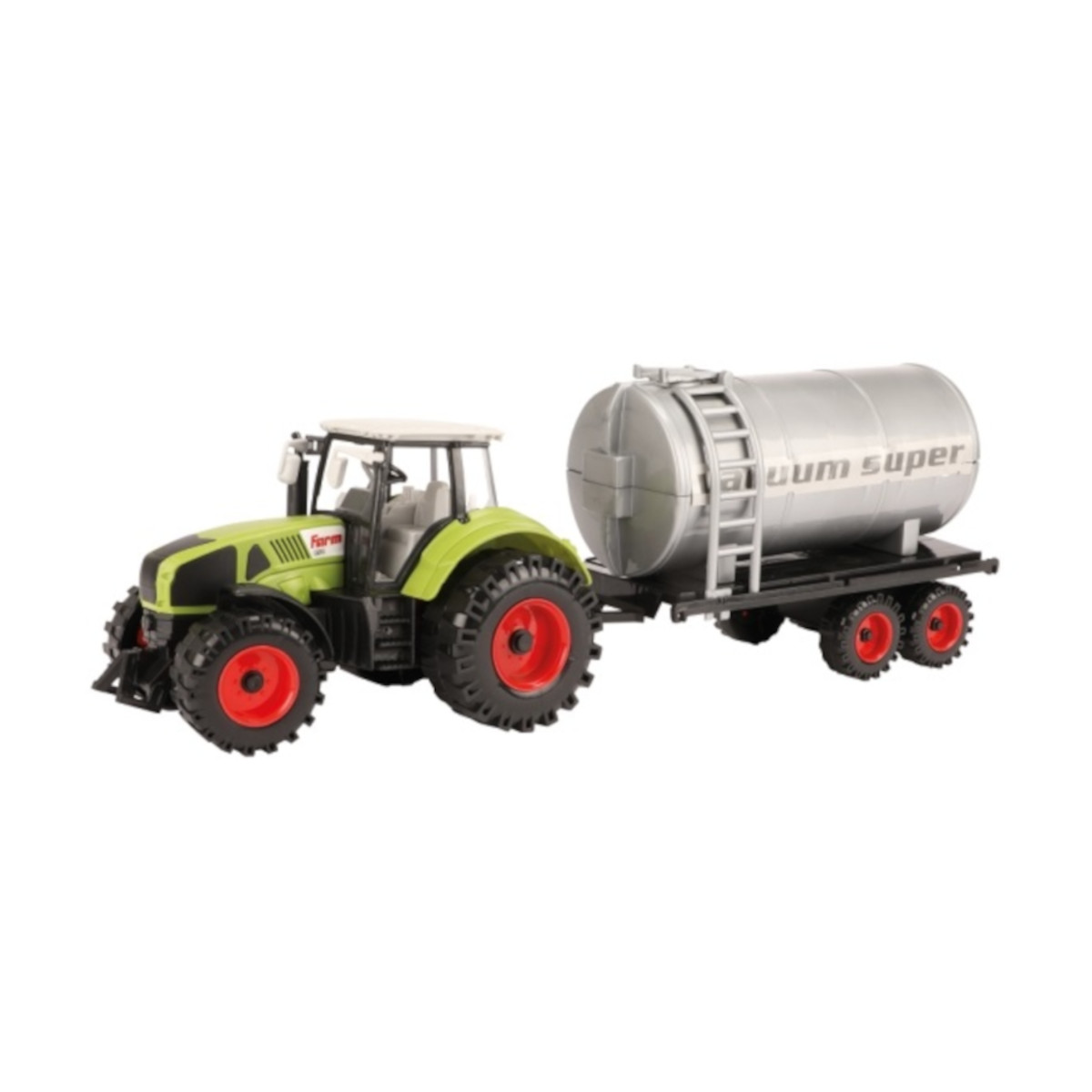 Ein grüner Spielzeugtraktor mit einem großen grauen Vakuum-Super-Anhänger auf weißem Hintergrund.