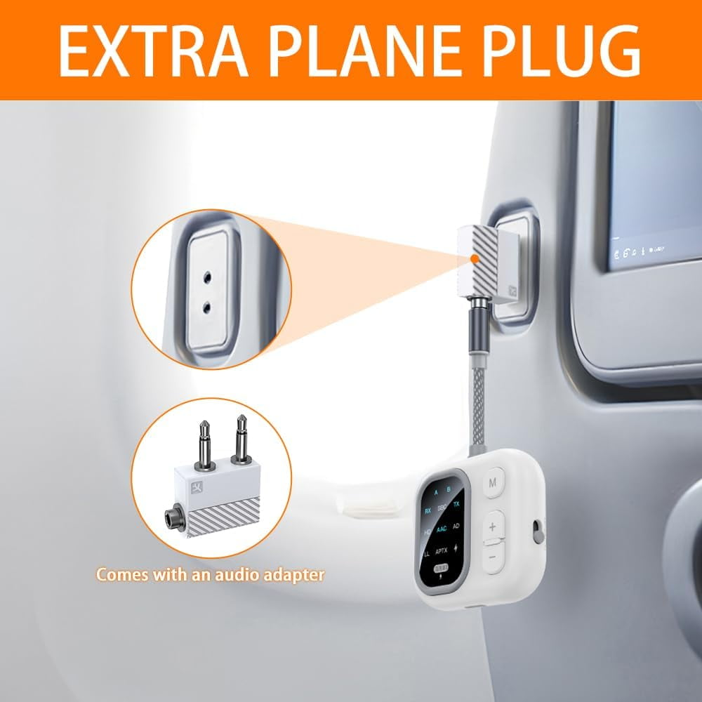 Ein weißer Bluetooth-Adapter ist an ein Flugzeug-Audiosystem angeschlossen, inklusive vergrößerter Ansichten der Buchse und des Adapters.