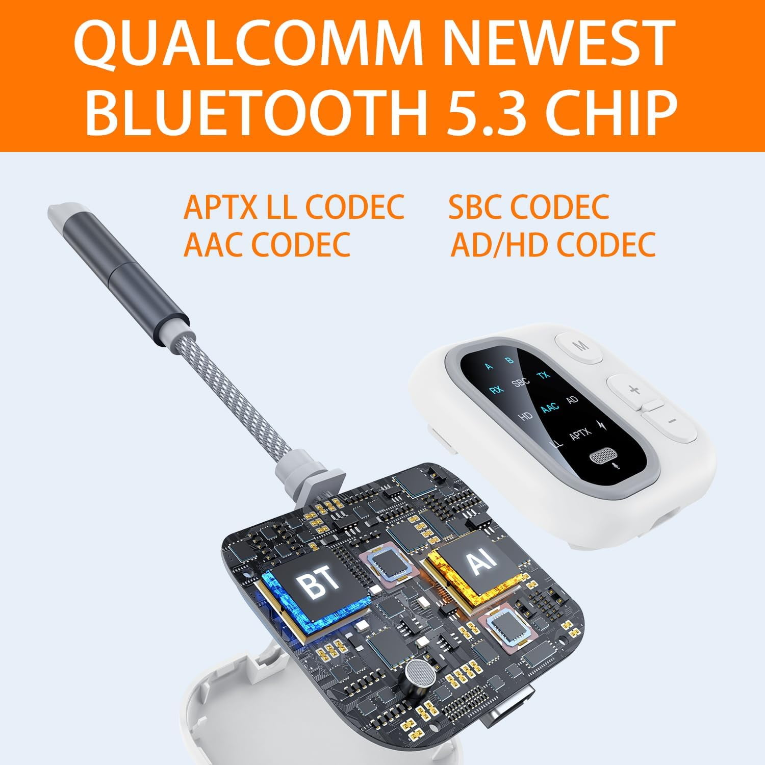 Ein technisches Diagramm zeigt einen Bluetooth-5.3-Chip, eine geöffnete Platine und verschiedene unterstützte Codecs.