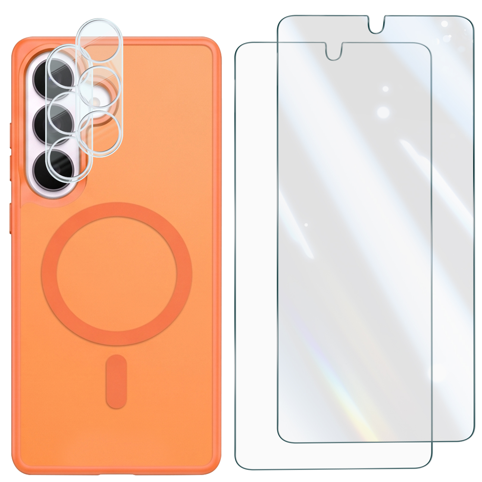 Oranger Handyfall mit runden Linsenabdeckungen und zwei Glas-Displayschutzfolien.