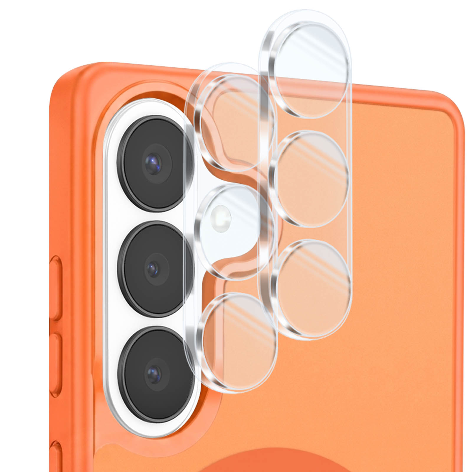 Transparente Linsenschutzvorrichtungen werden auf der Kamera eines orangefarbenen Smartphones angebracht.