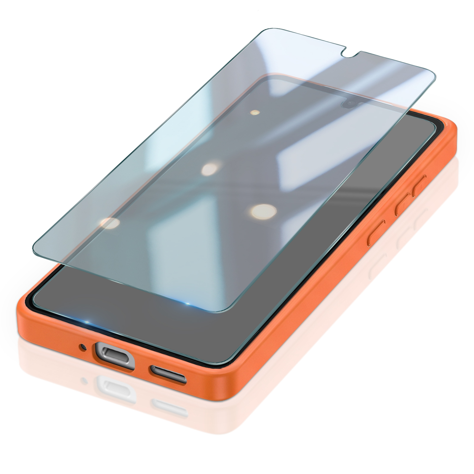 Ein Smartphone in einer orangen Hülle mit einer Displayschutzfolie, die leicht darüber schwebt, auf weißem Hintergrund.
