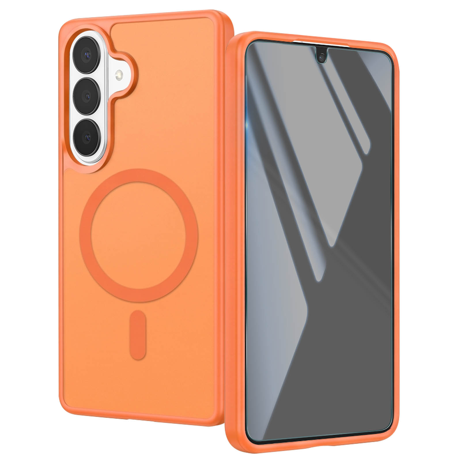 Ein orangefarbenes Smartphone mit Schutzhülle zeigt Vorder- und Rückseite mit Kameras und MagSafe-Ring.