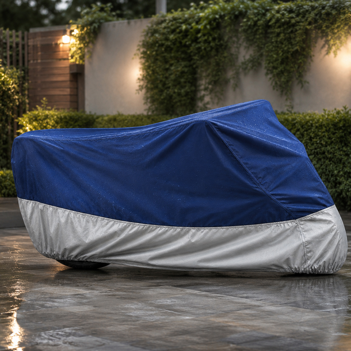Ein blau-silberner Motorradbezug steht auf nassem Steinboden vor einer Gartenmauer mit Pflanzen.