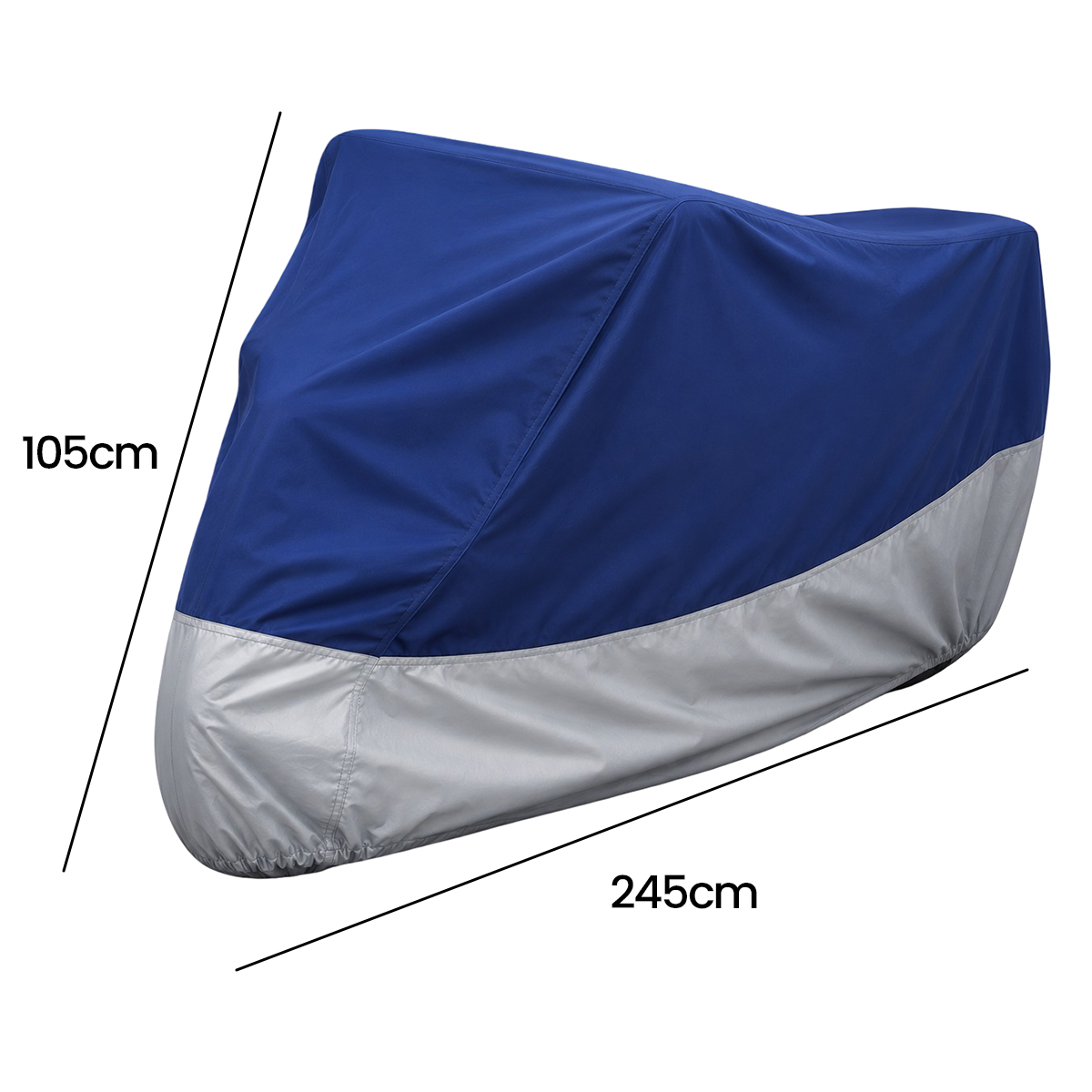 Blaue und silberne Motorradabdeckung mit Maßen von 105cm Höhe und 245cm Länge.