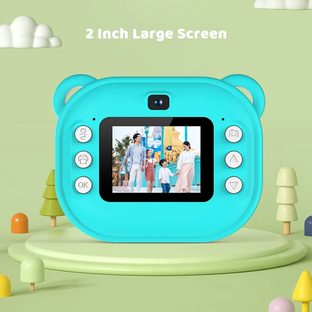Türkisblaue Kinderkamera mit Bärenohren und Display.