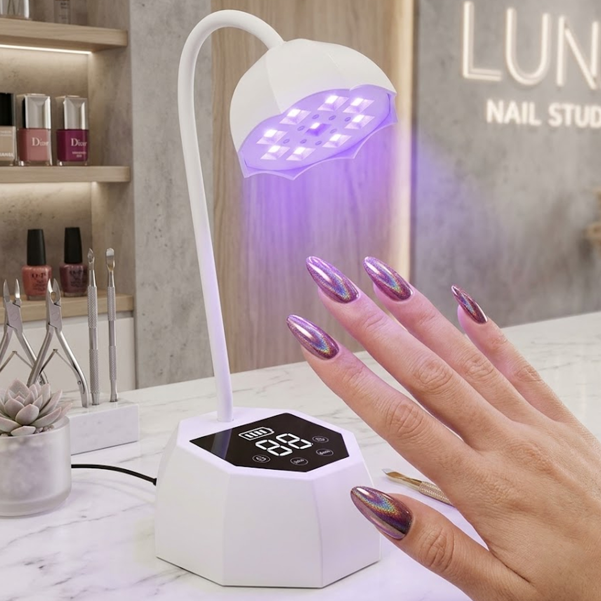 Eine Hand mit langen glänzenden Fingernägeln wird unter einer weißen UV-Nagellampe beleuchtet.