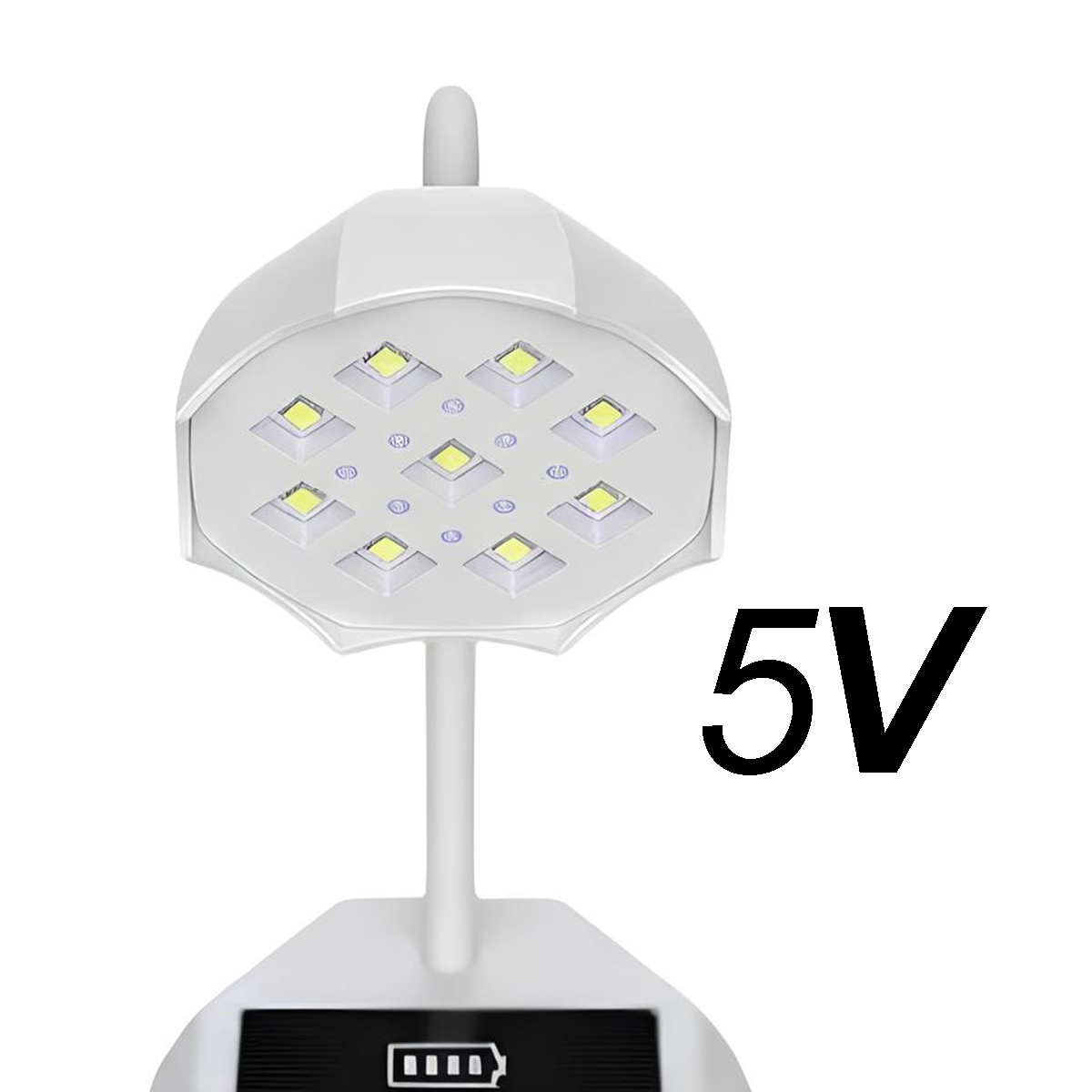 Eine weiße LED-Lampe mit einem Solarpaneel und der Aufschrift 5V.