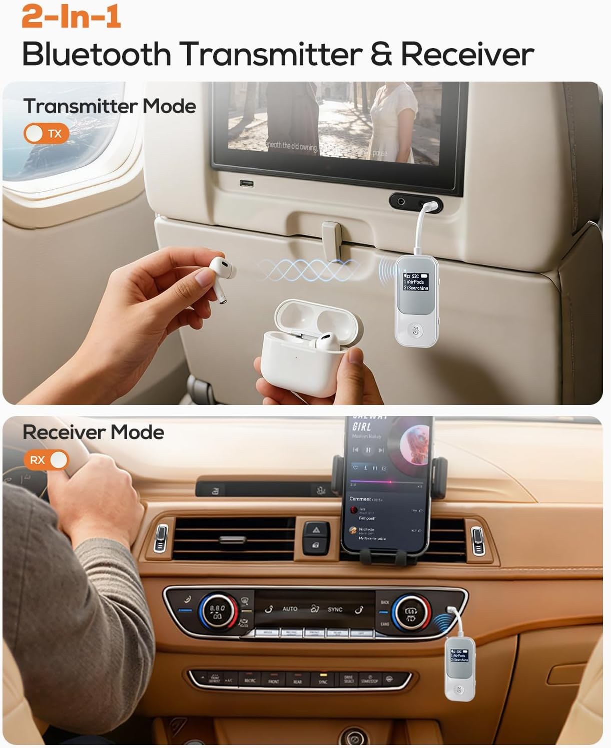 Ein 2-in-1 Bluetooth-Sender und -Empfänger zeigt den Sendermodus im Flugzeug und den Empängermodus im Auto.