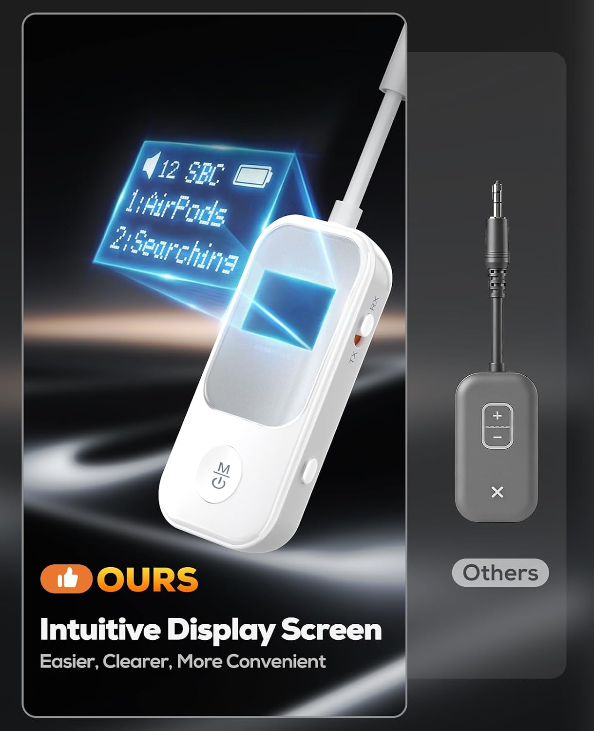 Vergleich zweier Bluetooth-Adapter: Unser Modell mit Display versus ein herkömmliches Modell mit Knöpfen.