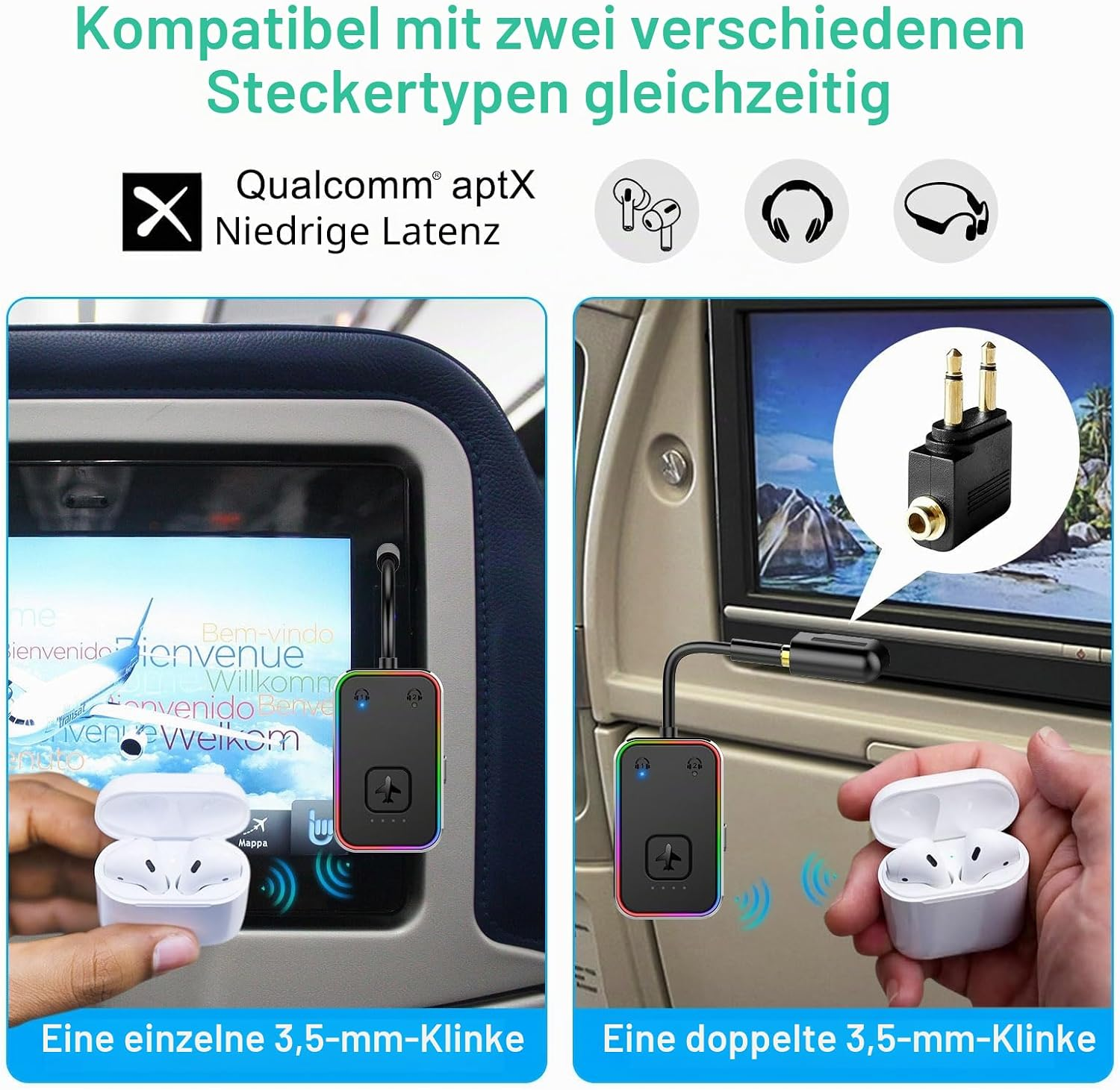 Bluetooth-Audioadapter kompatibel mit einzelner und doppelter 3,5-mm-Klinke für Flugzeuge.