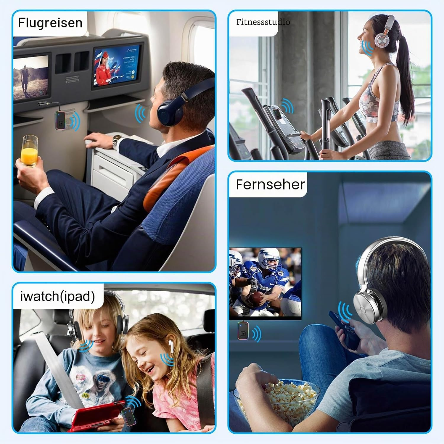 Eine Collage zeigt einen Funksender in Flugzeugen, Fitnessstudios, Autos und beim Fernsehen.