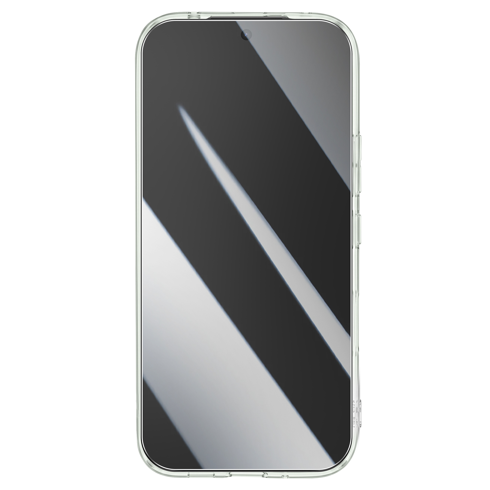 Ein Smartphone mit klarer Schutzhülle auf weißem Hintergrund, mit diagonalen Lichtreflexen auf dem Bildschirm.