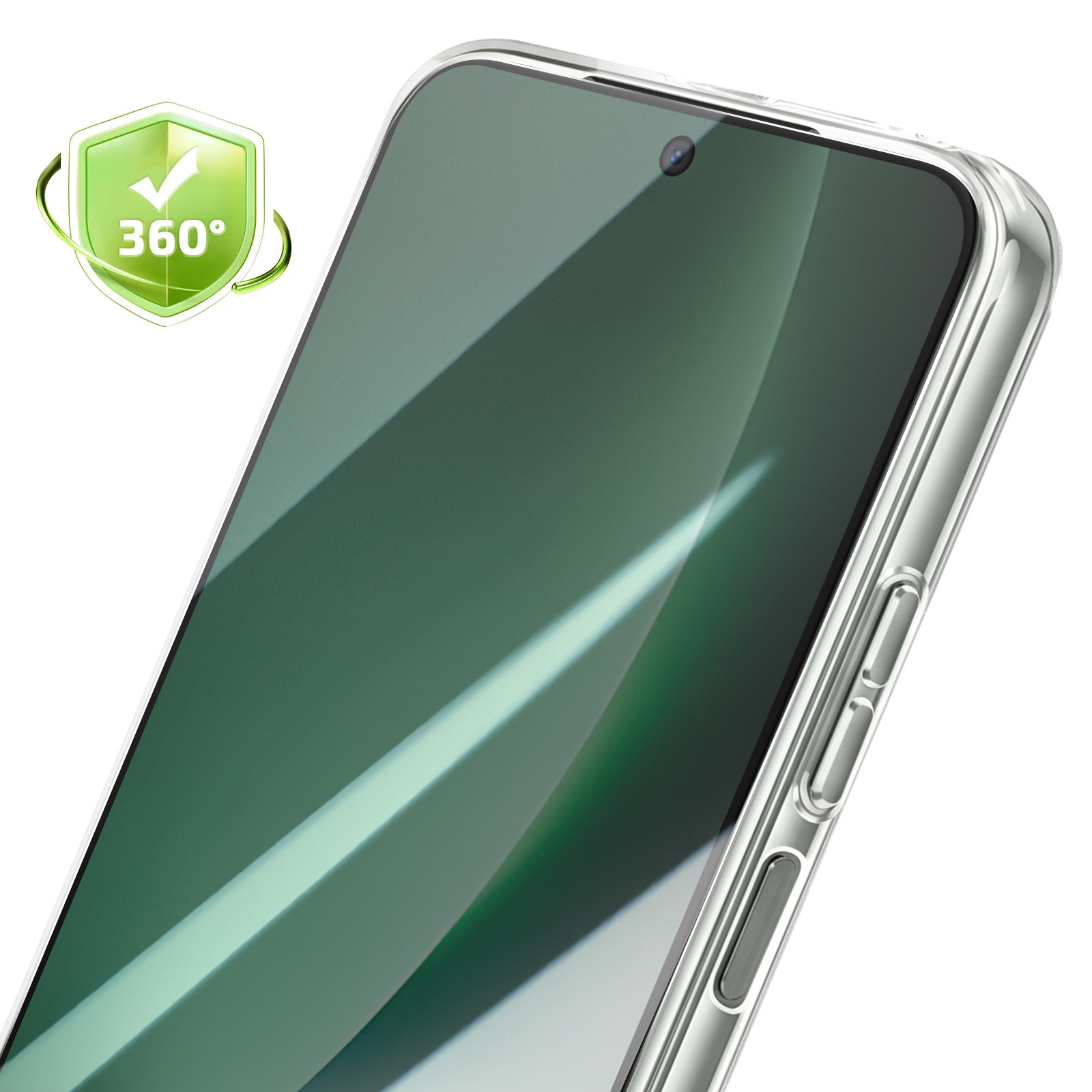 Ein Smartphone in einer klaren Schutzhülle mit einem grünen 360-Grad-Schutzsymbol oben links.