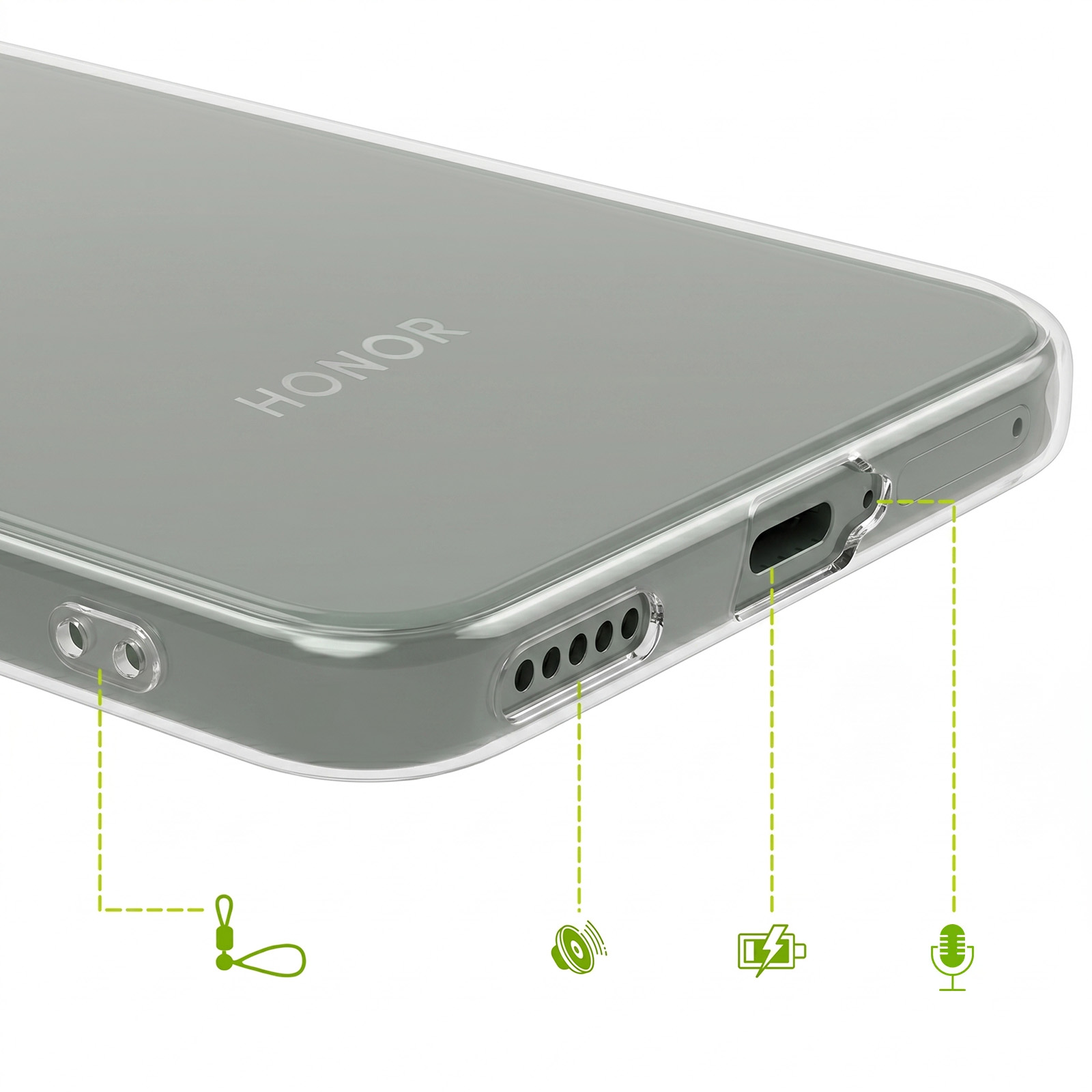 Unterseite eines grauen Honor-Smartphones in Klarsichthülle mit Symbolen für Anschlüsse.