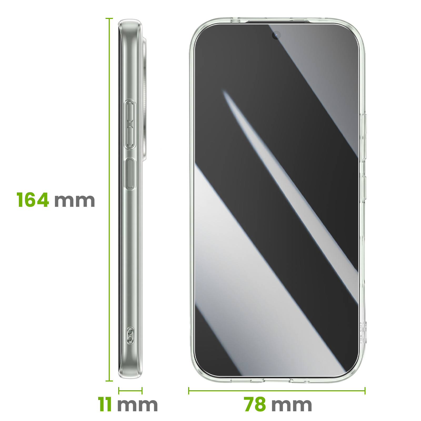 Seiten- und Frontansicht eines Smartphones mit Maßen von 164 mm Länge, 11 mm Dicke und 78 mm Breite.
