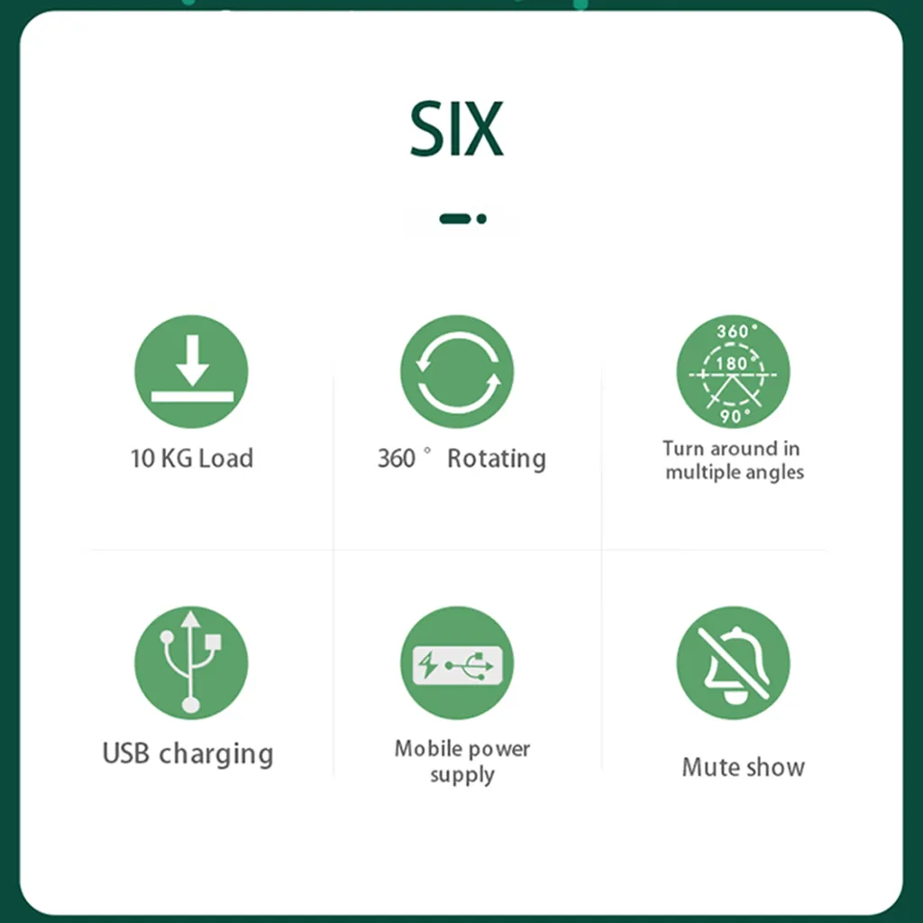 Sechs grüne Icons zeigen Produktmerkmale: 10 kg Last, 360° Rotation, USB-Laden, mobile Stromversorgung und stumm.