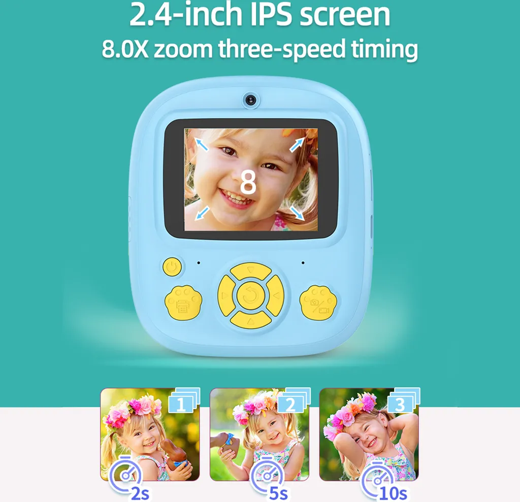 Blaue Kinderkamera mit 2,4-Zoll-Bildschirm, Zoom und Zeiteinstellung, unten sind drei Timer-Optionen abgebildet.