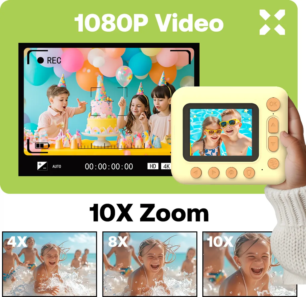 Gelbe Kinderkamera mit Bildschirm, auf dem Kinder bei einer Party und im Wasser zu sehen sind.
