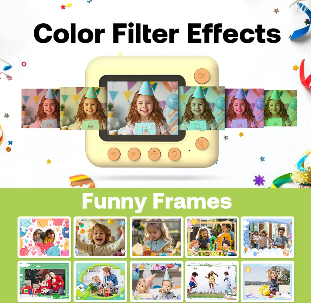 Eine gelbe Kinderkamera zeigt Filtereffekte und lustige Fotorahmen auf einem bunten Hintergrund.