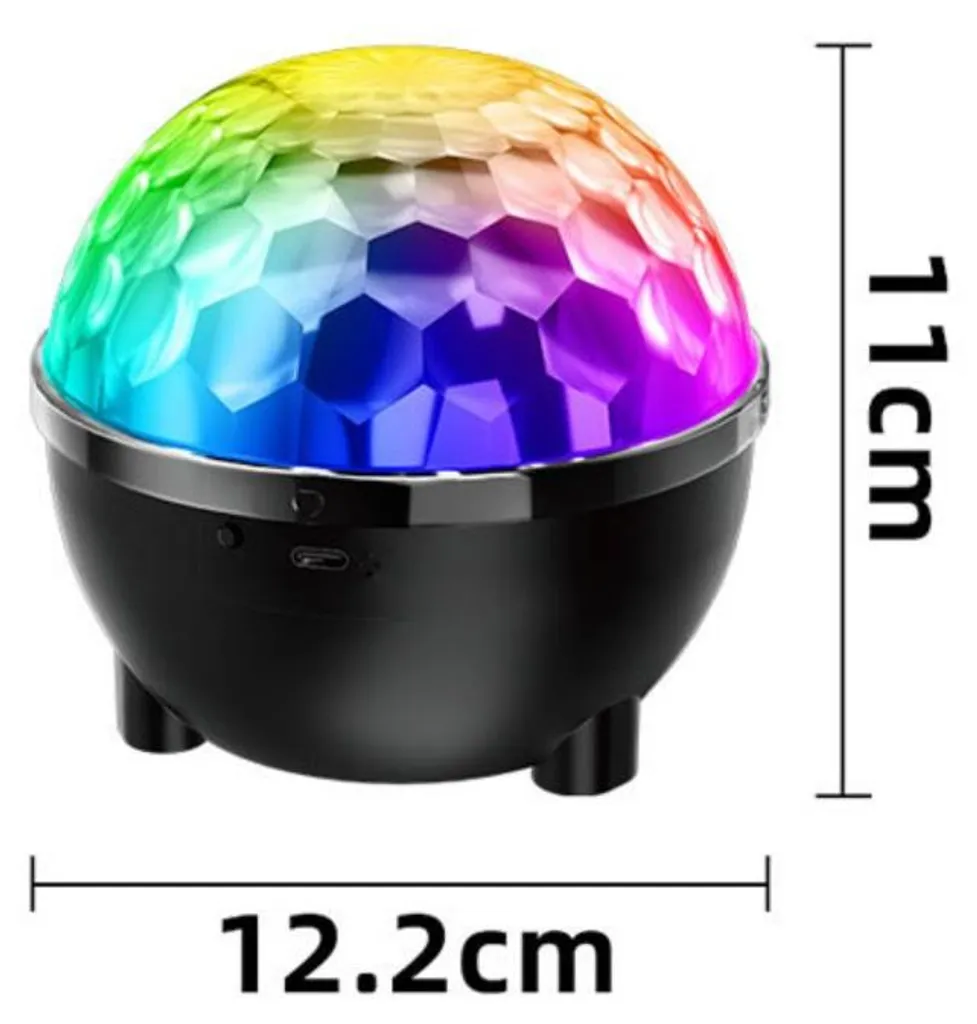 Eine bunte Diskokugel auf einem schwarzen Sockel mit 11 cm Höhe und 12,2 cm Breite.