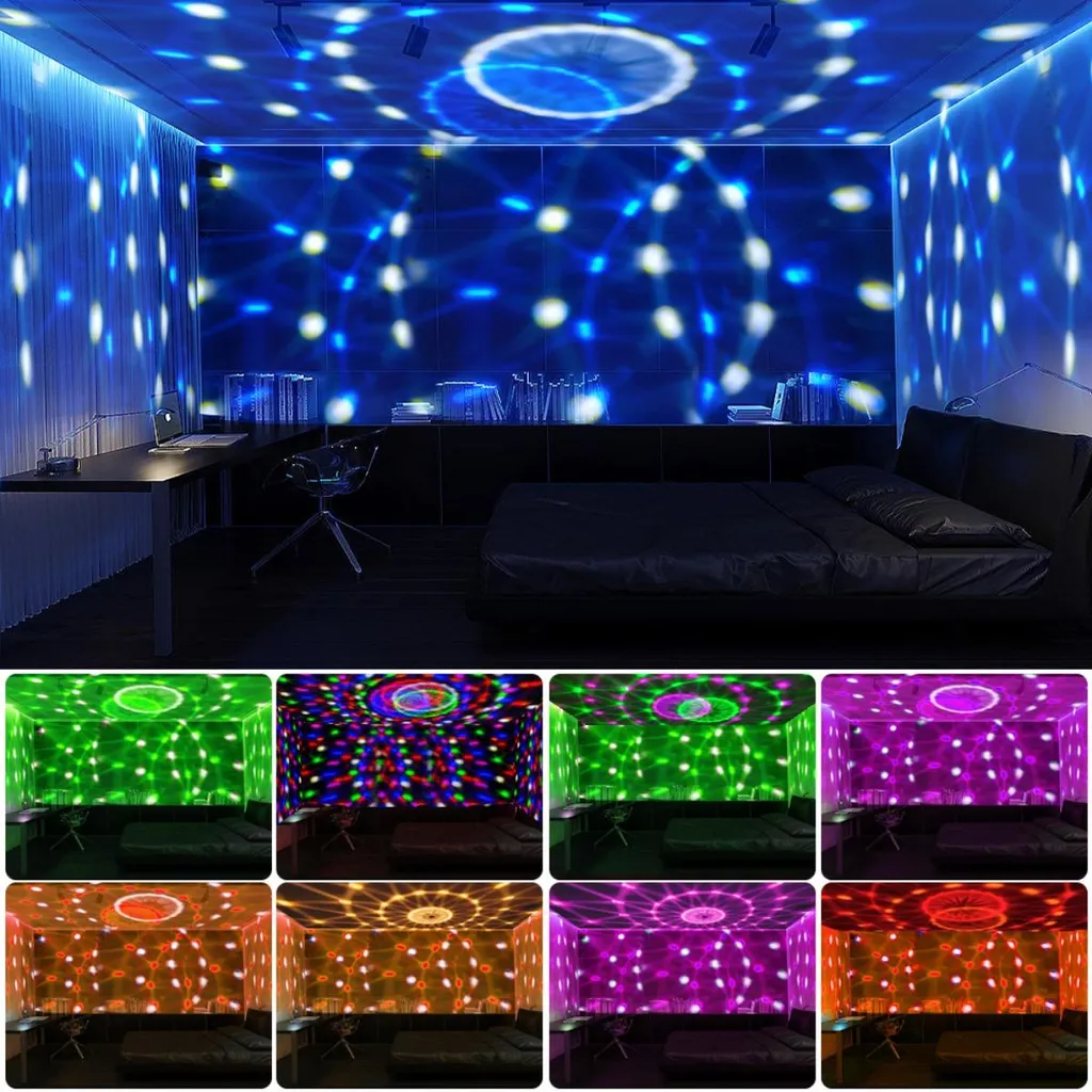Schlafzimmer mit blauer Wandprojektion, mit kleineren farbigen Varianten darunter.