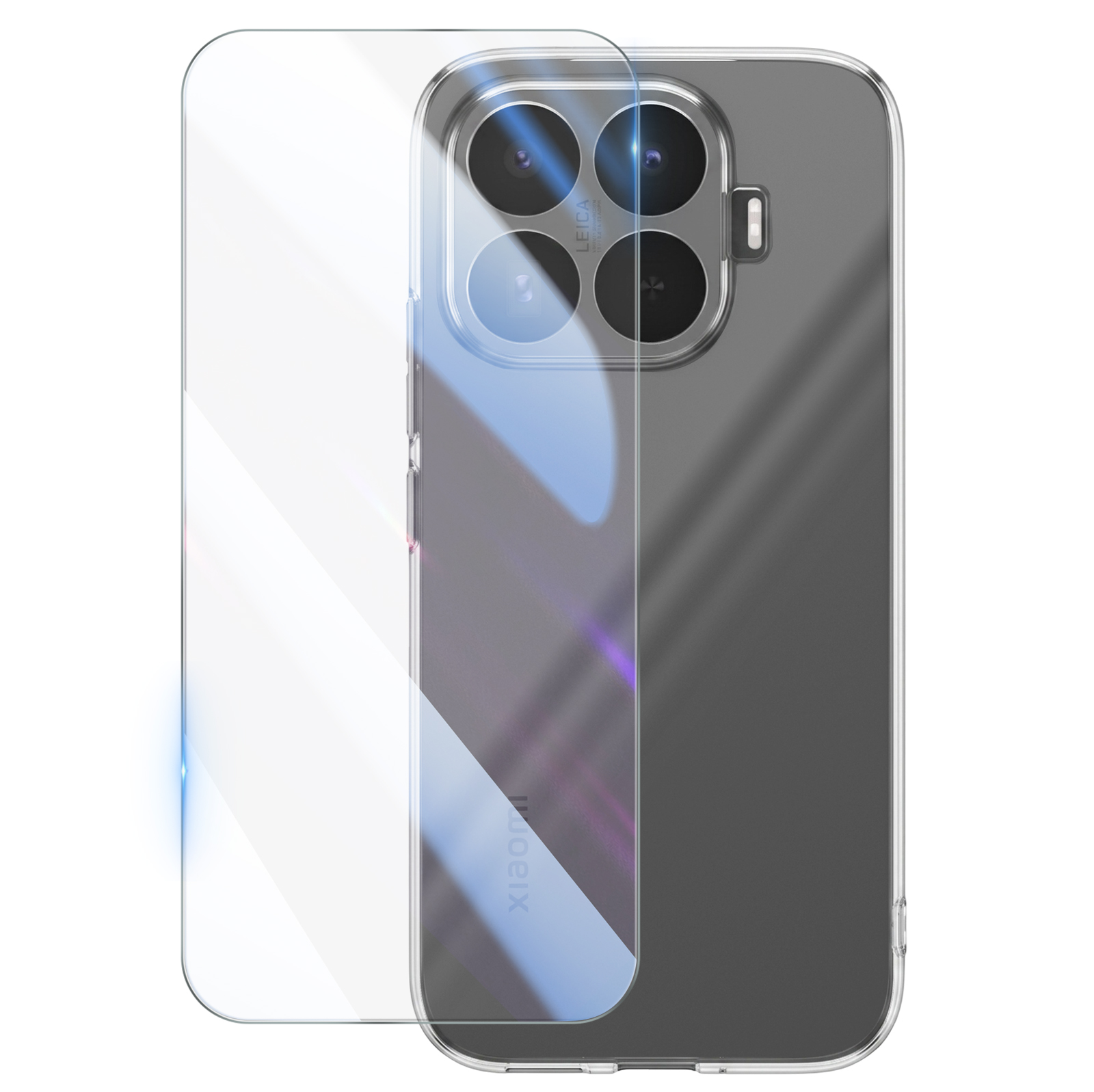 Ein Smartphone in einer klaren Schutzhülle mit einer separaten Displayschutzfolie davor.