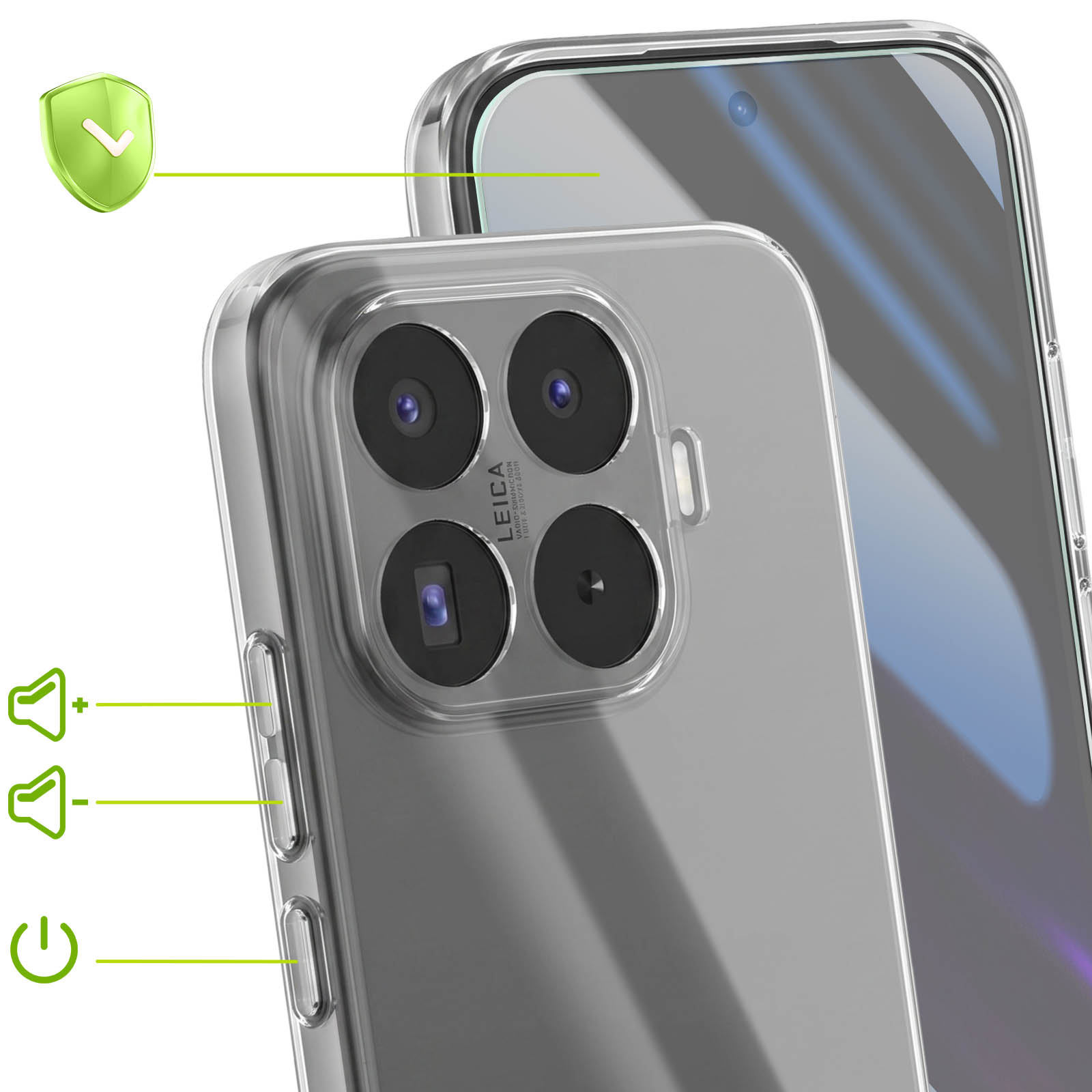 Transparente Schutzhülle für ein Smartphone mit Vierfachkamera, Lautstärke- und Einschalttasten.