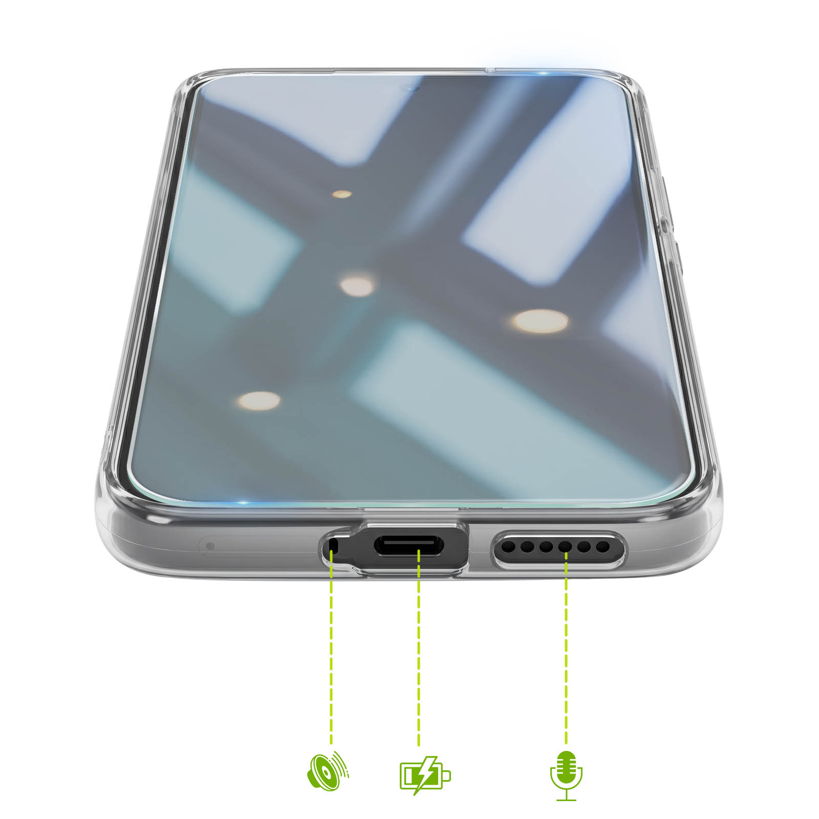 Ansicht der Smartphone-Unterseite mit USB-Anschluss, Mikrofon und Lautsprecher, hervorgehoben durch grüne Symbole.