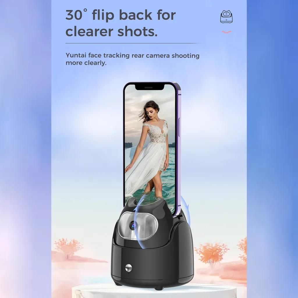 Ein Smartphone steht in einer schwarzen Halterung auf einem Podest, darüber Text über Gesichtserkennung.