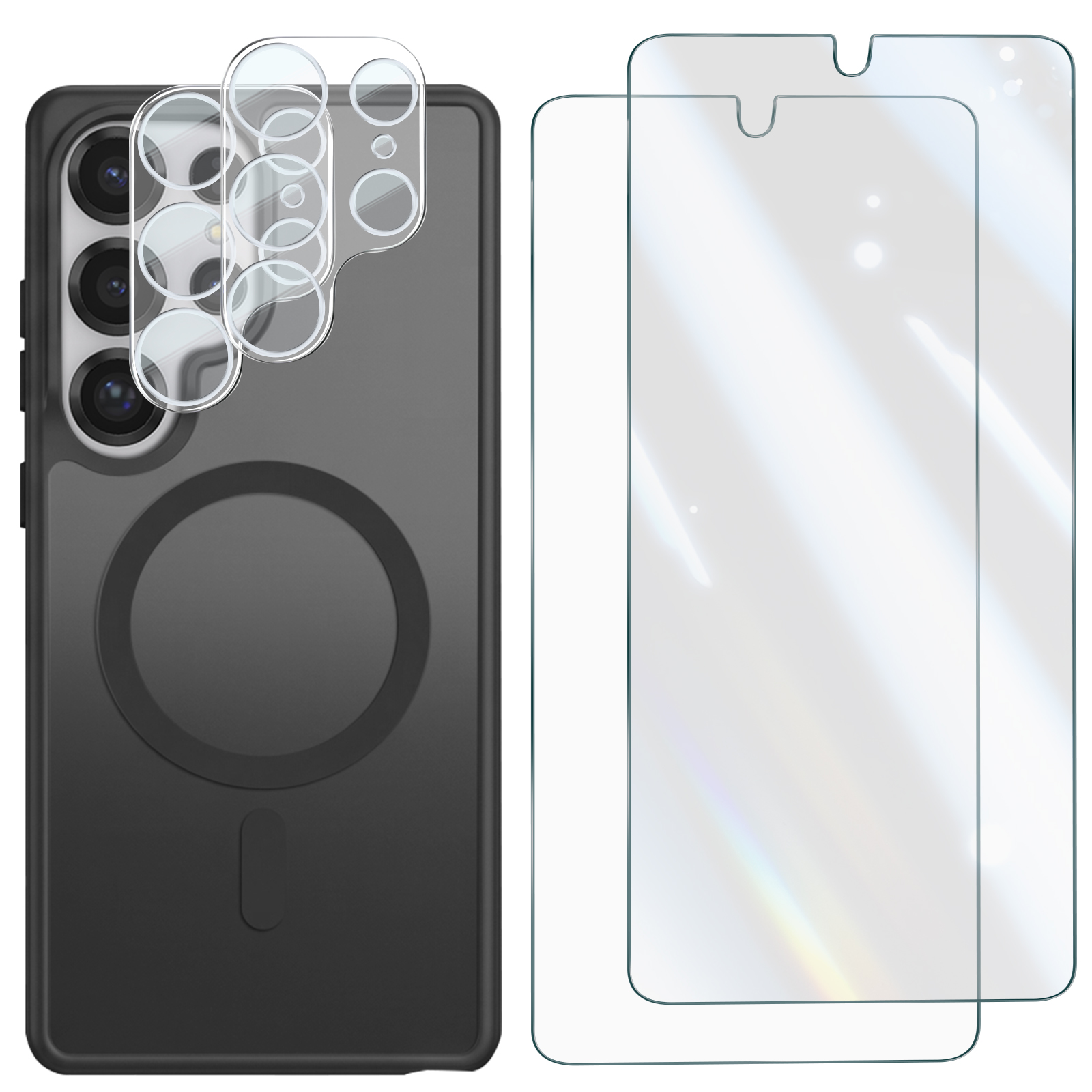 Schwarze Smartphone-Hülle mit Kamera- und Bildschirmschutzfolien.