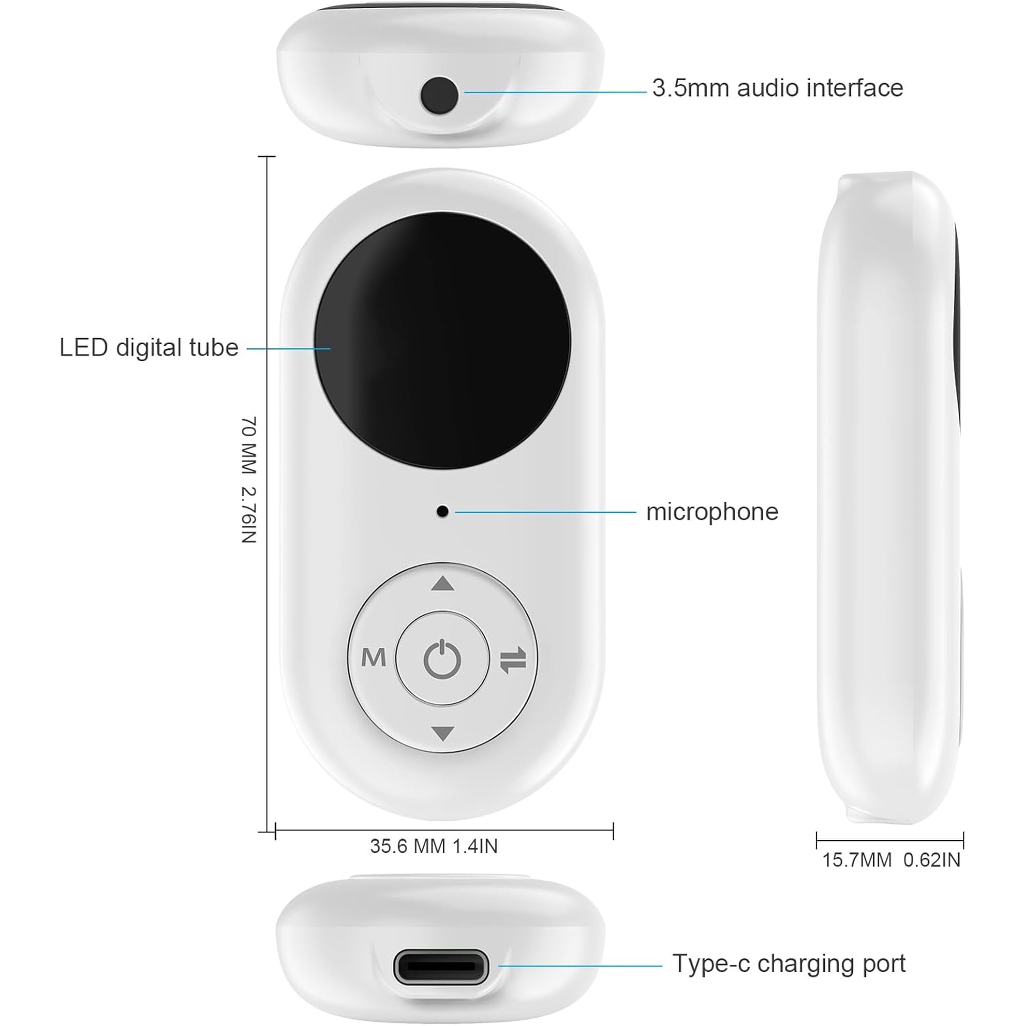 Technische Zeichnung eines weißen Gadgets mit Abmessungen, Display, Mikrofon und Anschlüssen.
