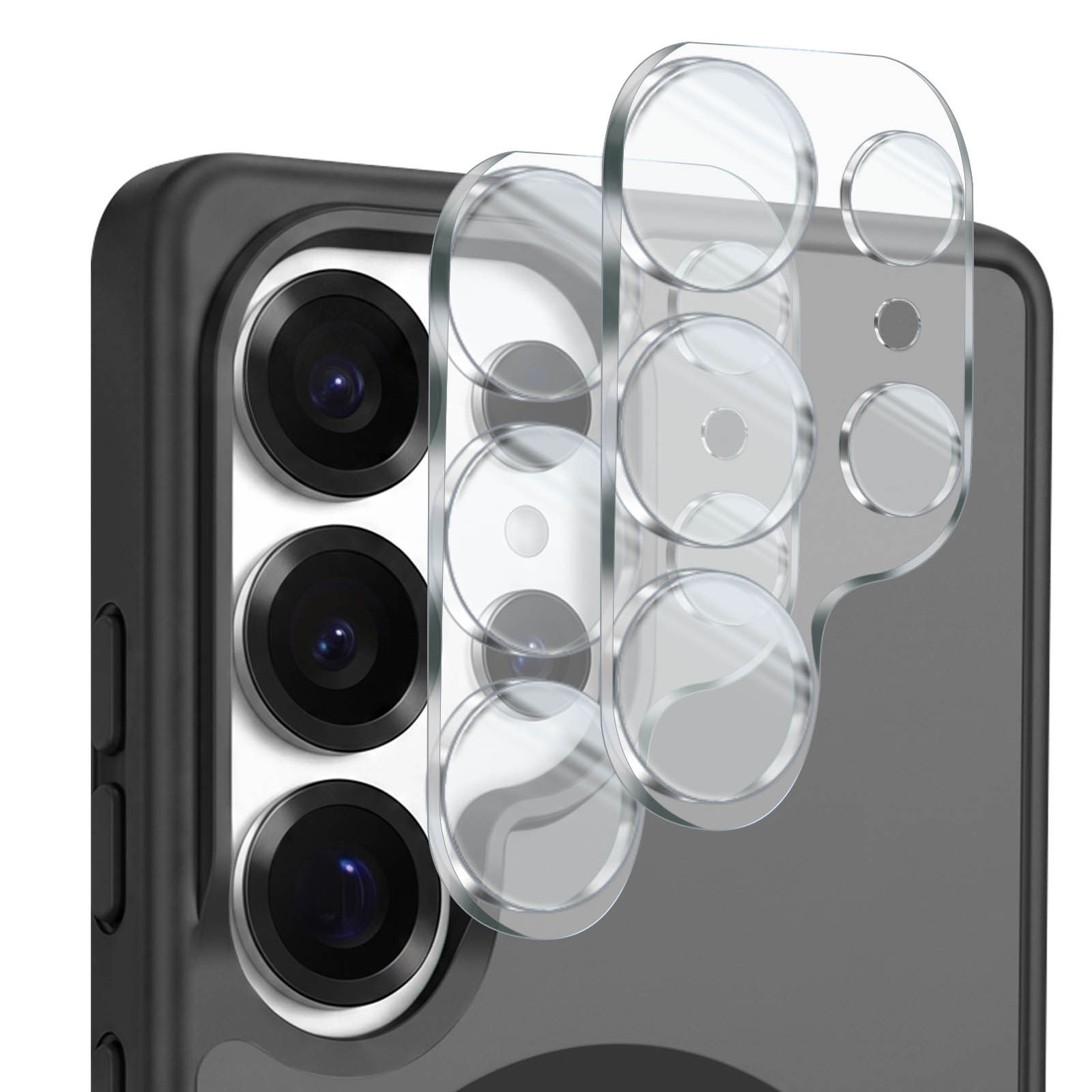 Transparente Glas-Kameraobjektivschützer werden auf die Rückseite eines Smartphones aufgetragen.