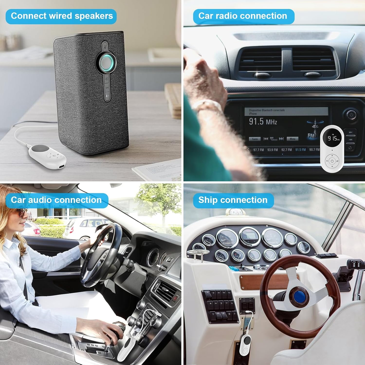 Vier Bilder zeigen die Nutzung eines Bluetooth-Adapters an Lautsprechern, im Auto und auf einem Boot.