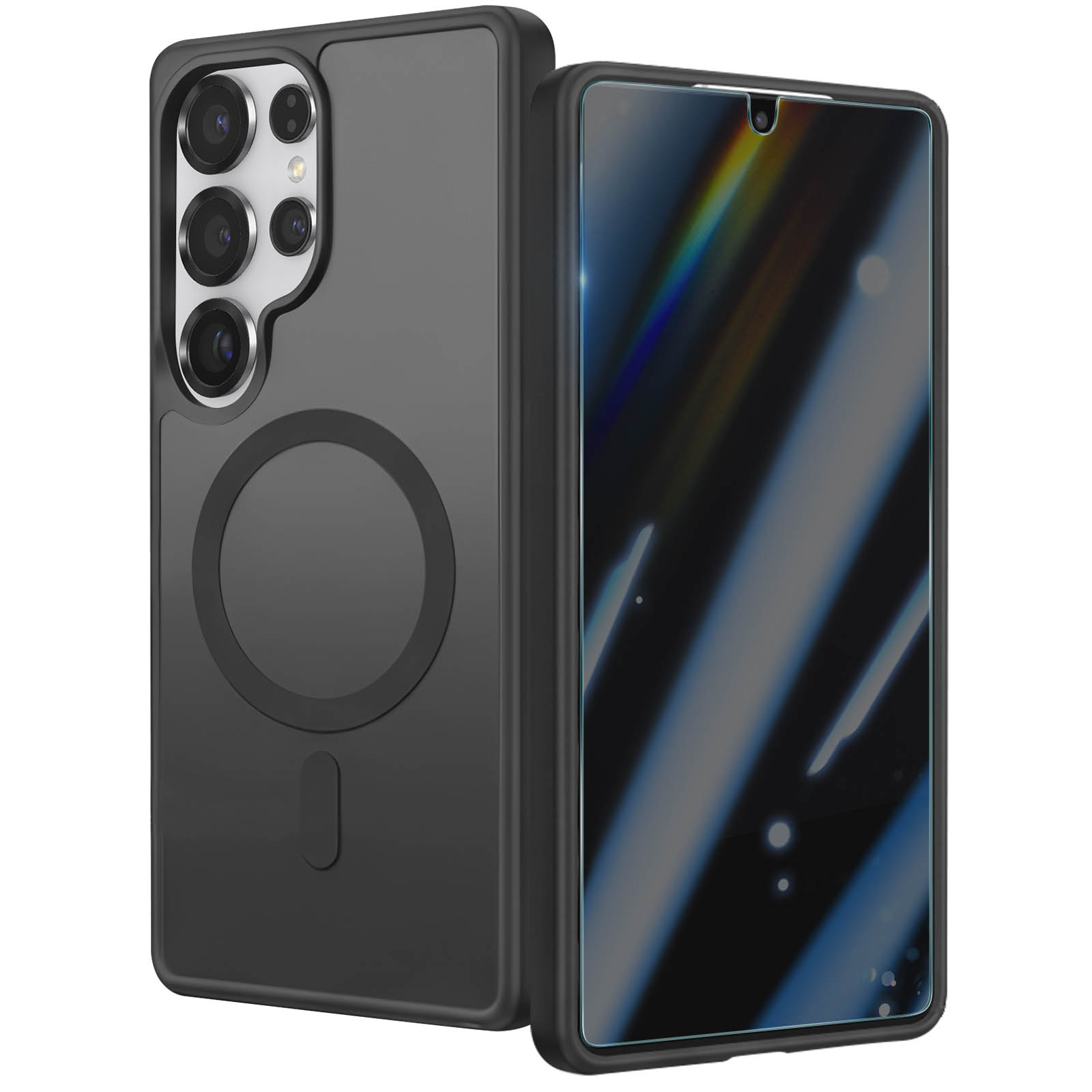 Ein schwarzes Smartphone in einer Hülle, gezeigt von vorne und hinten auf weißem Hintergrund.
