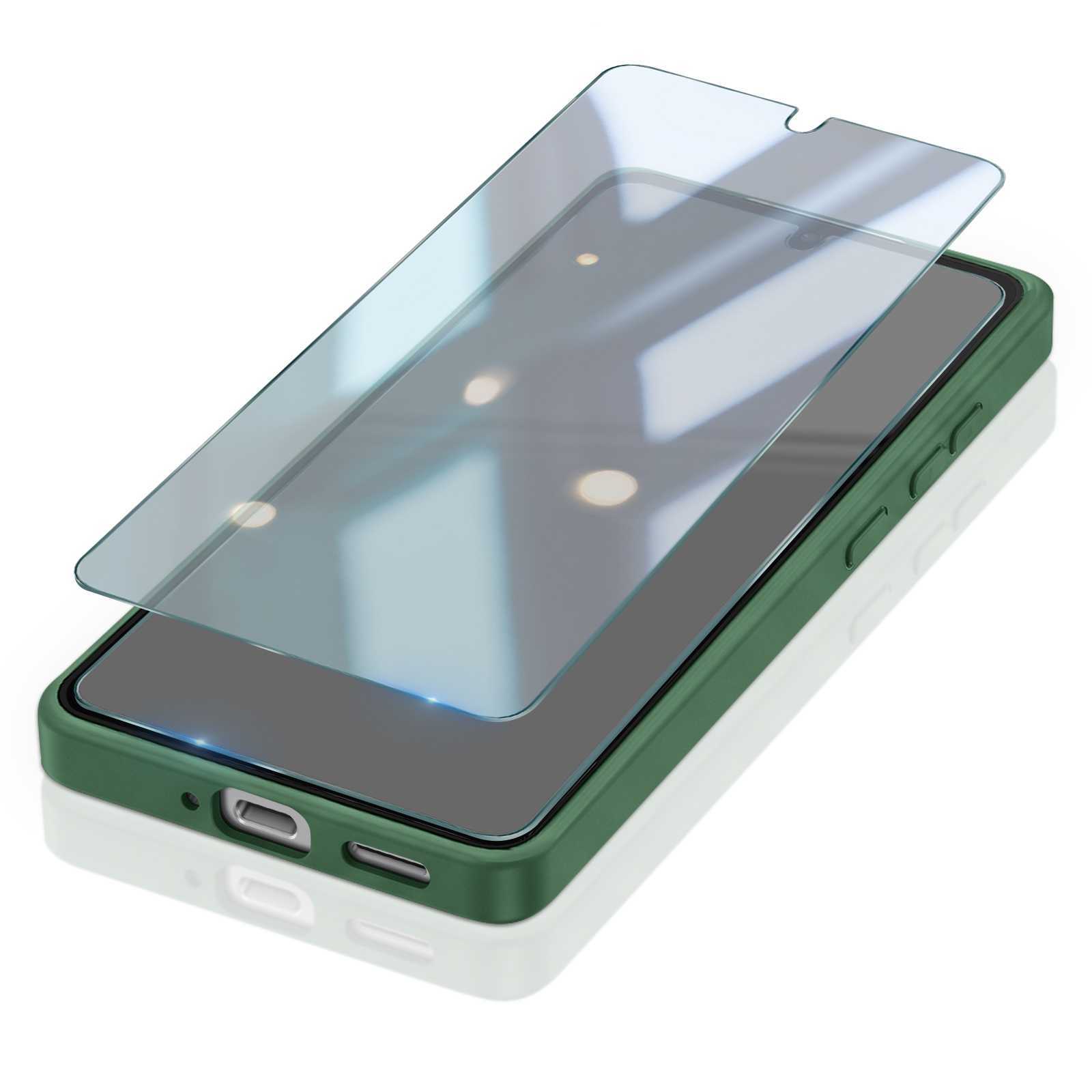 Ein Smartphone in einer grünen Hülle mit einer Glas-Displayschutzfolie, die leicht darüber angehoben ist.