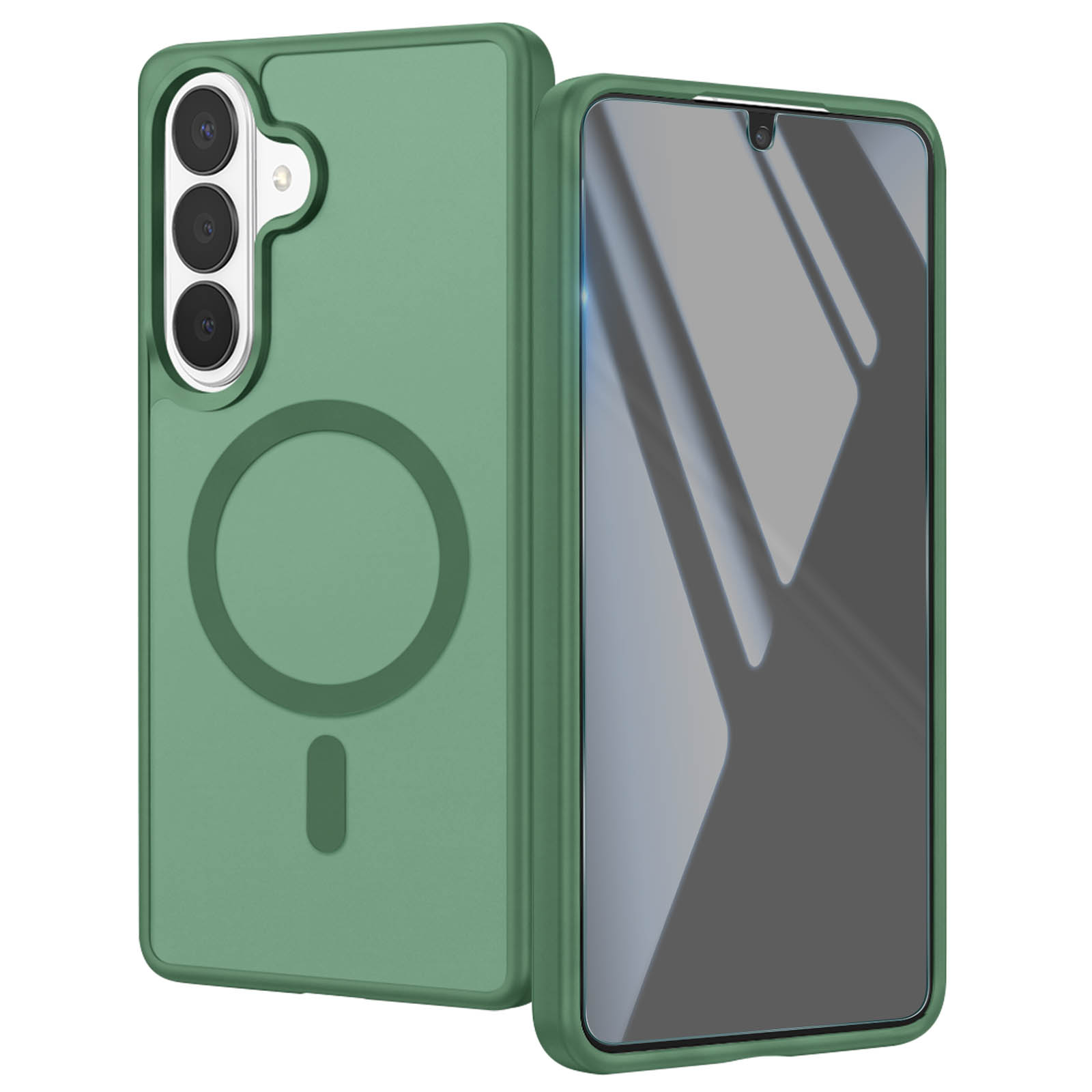 Grünes Smartphone mit Hülle, Dreifachkamera und magnetischem Ring auf der Rückseite.