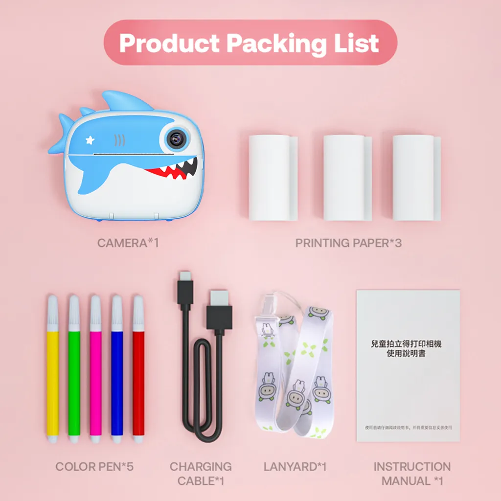 Produktverpackungsliste zeigt eine blaue Haifischkamera, drei Papierrollen, fünf Farbstifte, ein Kabel, ein Band und ein Handbuch.