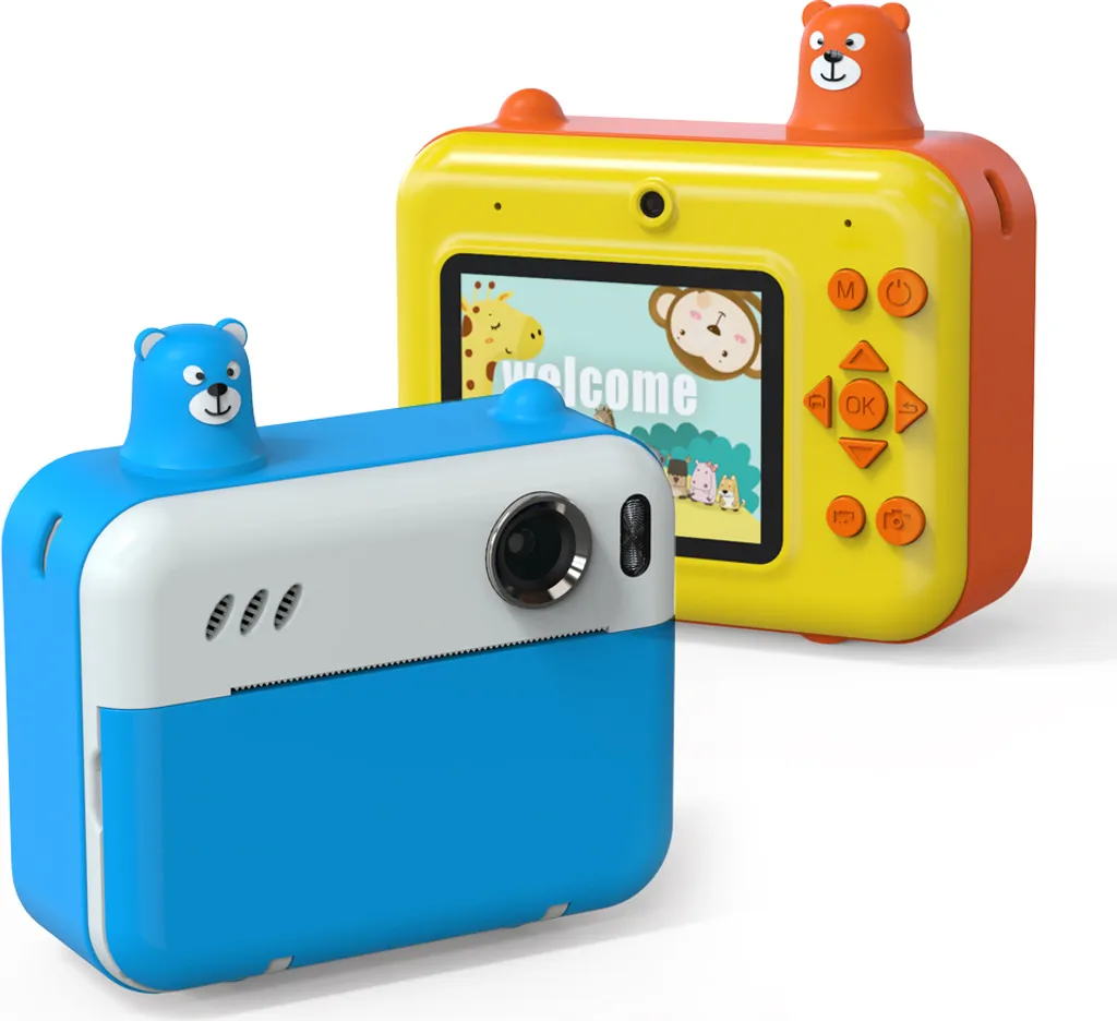 Zwei bunte Kinderkameras mit Tierfiguren, eine blau-weiße im Vordergrund und eine gelb-orange im Hintergrund.