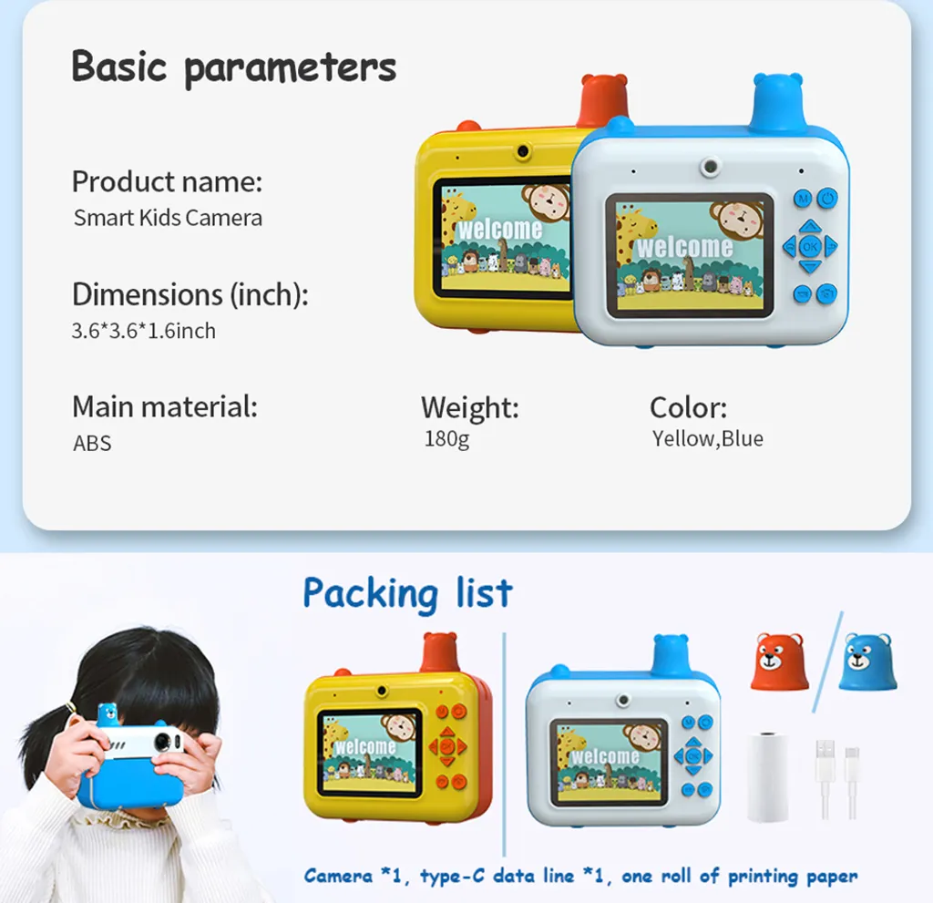 Produkt-Infografik zeigt gelbe und blaue Smart-Kinderkameras mit Zubehör.