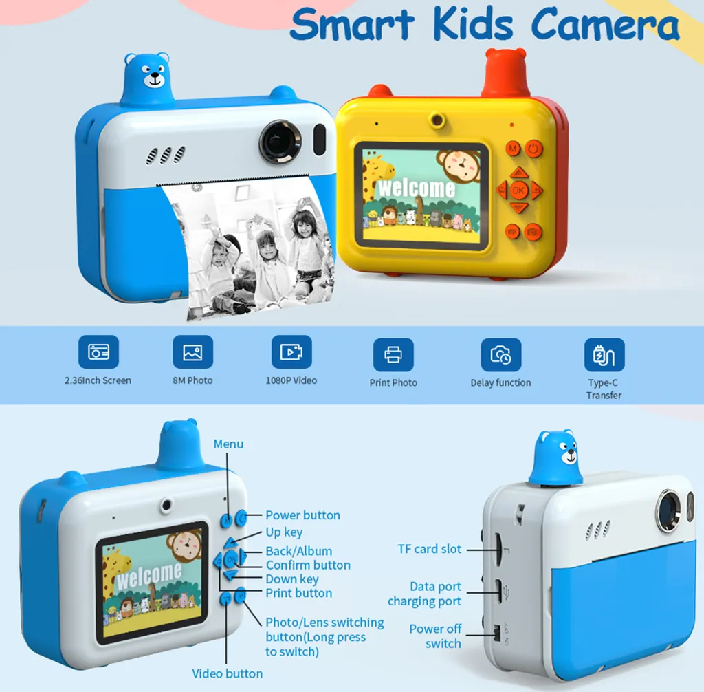 Zwei intelligente Kinderkameras in Blau und Gelb mit Tierfiguren, Fotodruck und beschrifteten Tasten.