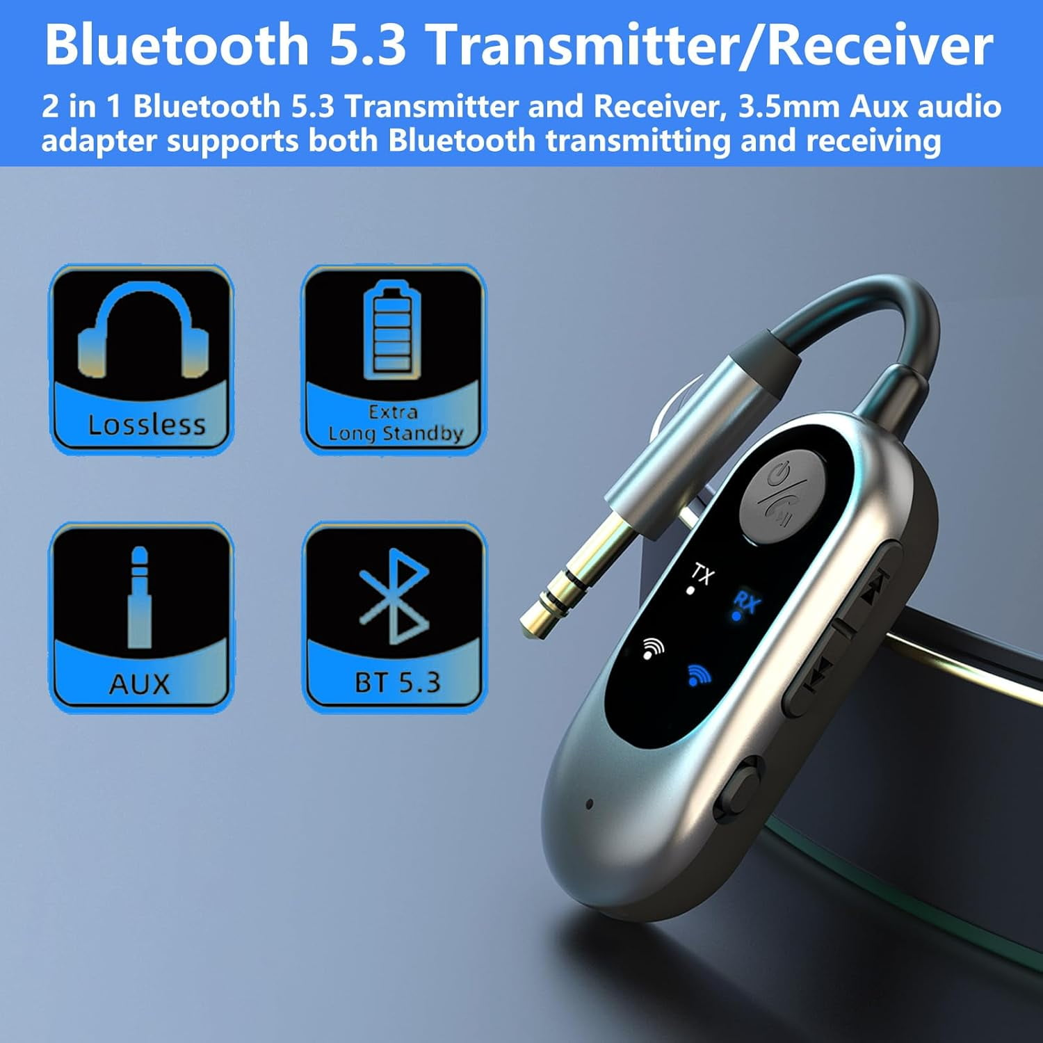 Bluetooth 5.3 Transmitter und Empfänger mit AUX-Anschluss und vier Produktmerkmal-Icons.