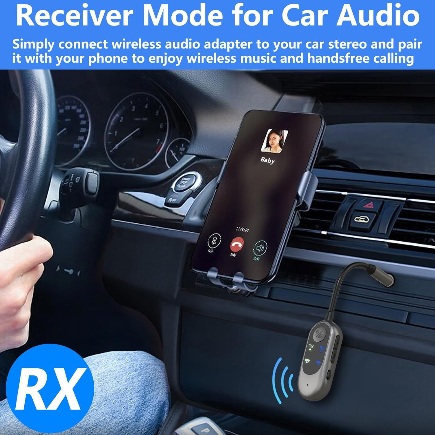 Ein Smartphone und ein kabelloser Audioadapter sind am Armaturenbrett eines Autos angebracht.