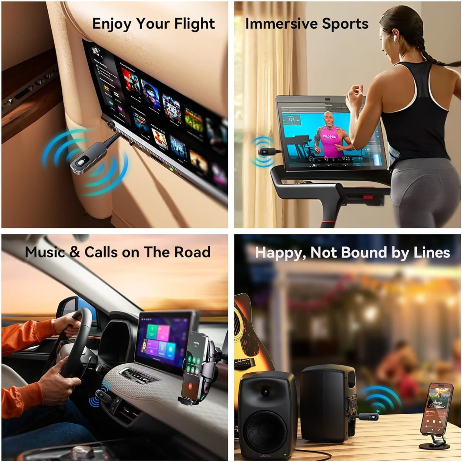 Ein Vier-Felder-Bild zeigt den Bluetooth-Adapter im Flugzeug, beim Sport, im Auto und zu Hause.