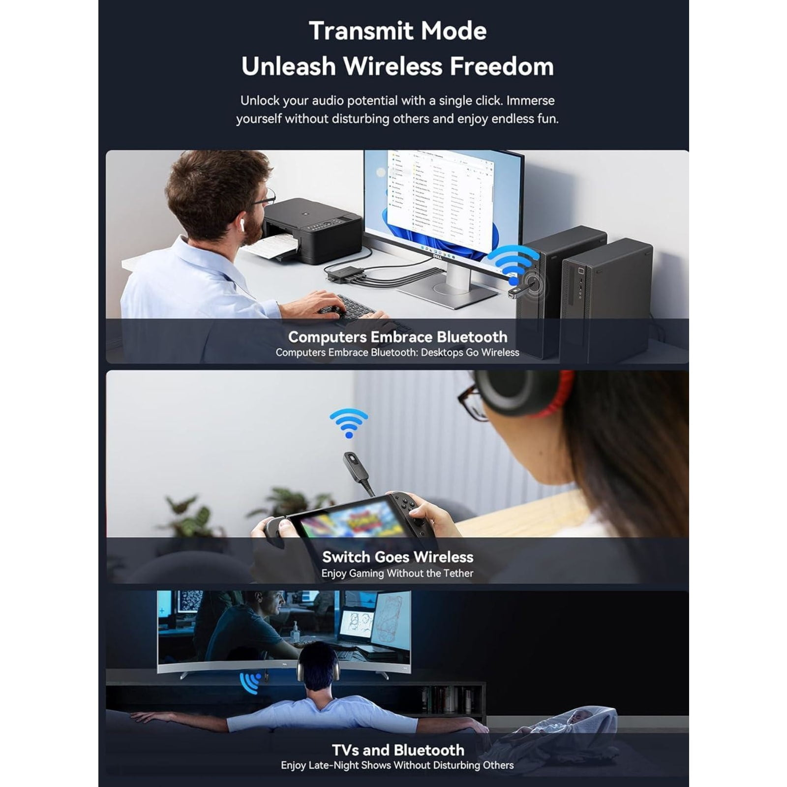 Drei Szenen zeigen die Verwendung eines Bluetooth-Adapters für Computer, Konsolen und Fernseher.