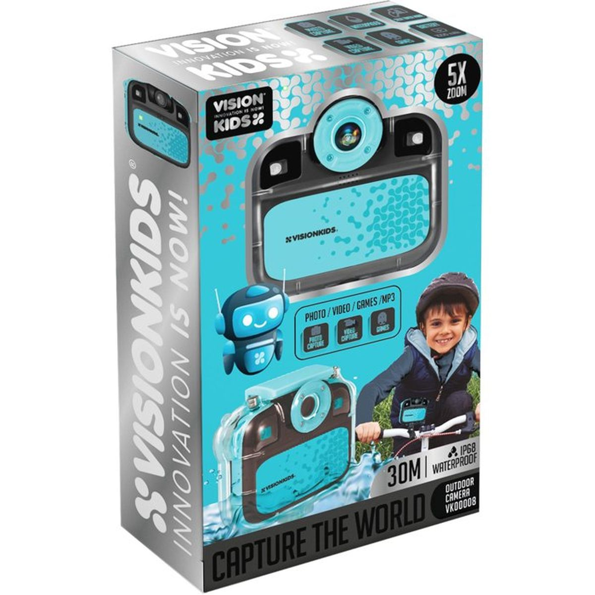 Verpackung der Visionkids Outdoor-Kamera für Kinder mit blau-schwarzem Design und einem Kind auf einem Fahrrad.