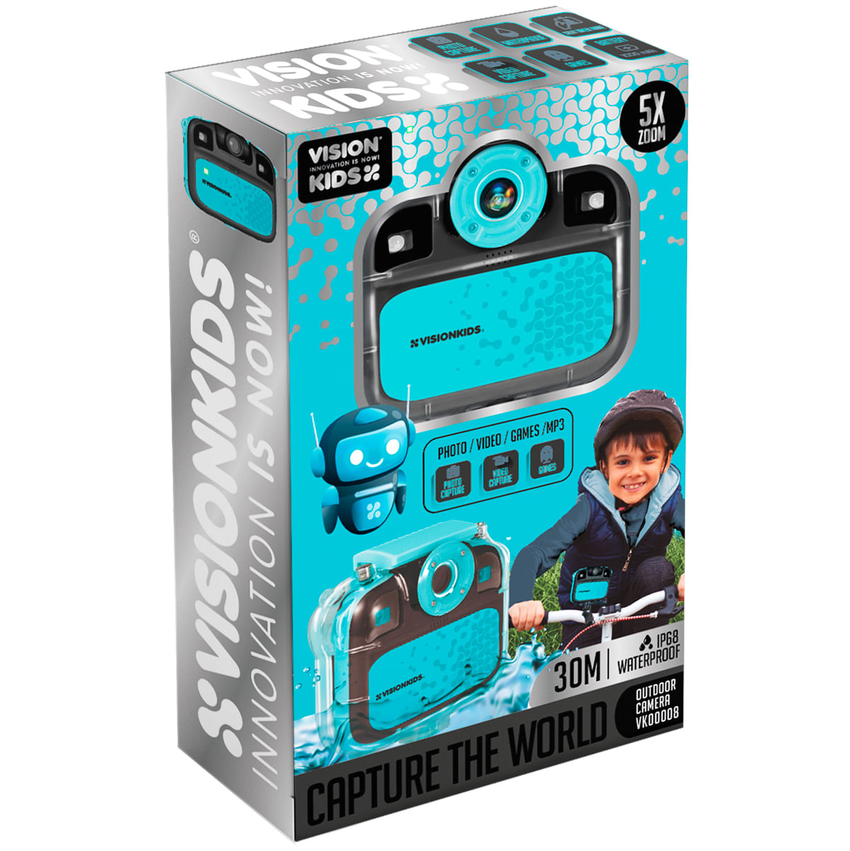 Produktverpackung einer blauen Vision Kids Actionkamera mit abgebildetem Kind beim Fahrradfahren.