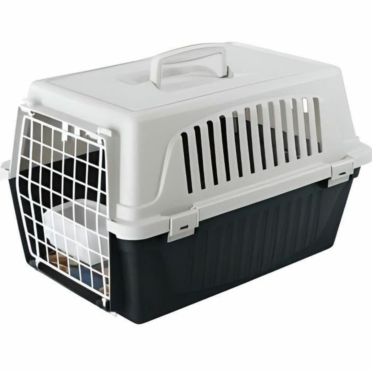 Eine graue und schwarze Haustiertransportbox aus Plastik mit Gittertür und Griff auf einer weißen Fläche.