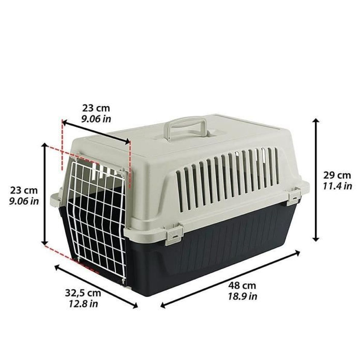 Beige-schwarze Haustiertransportbox mit Gittertür und Maßen.