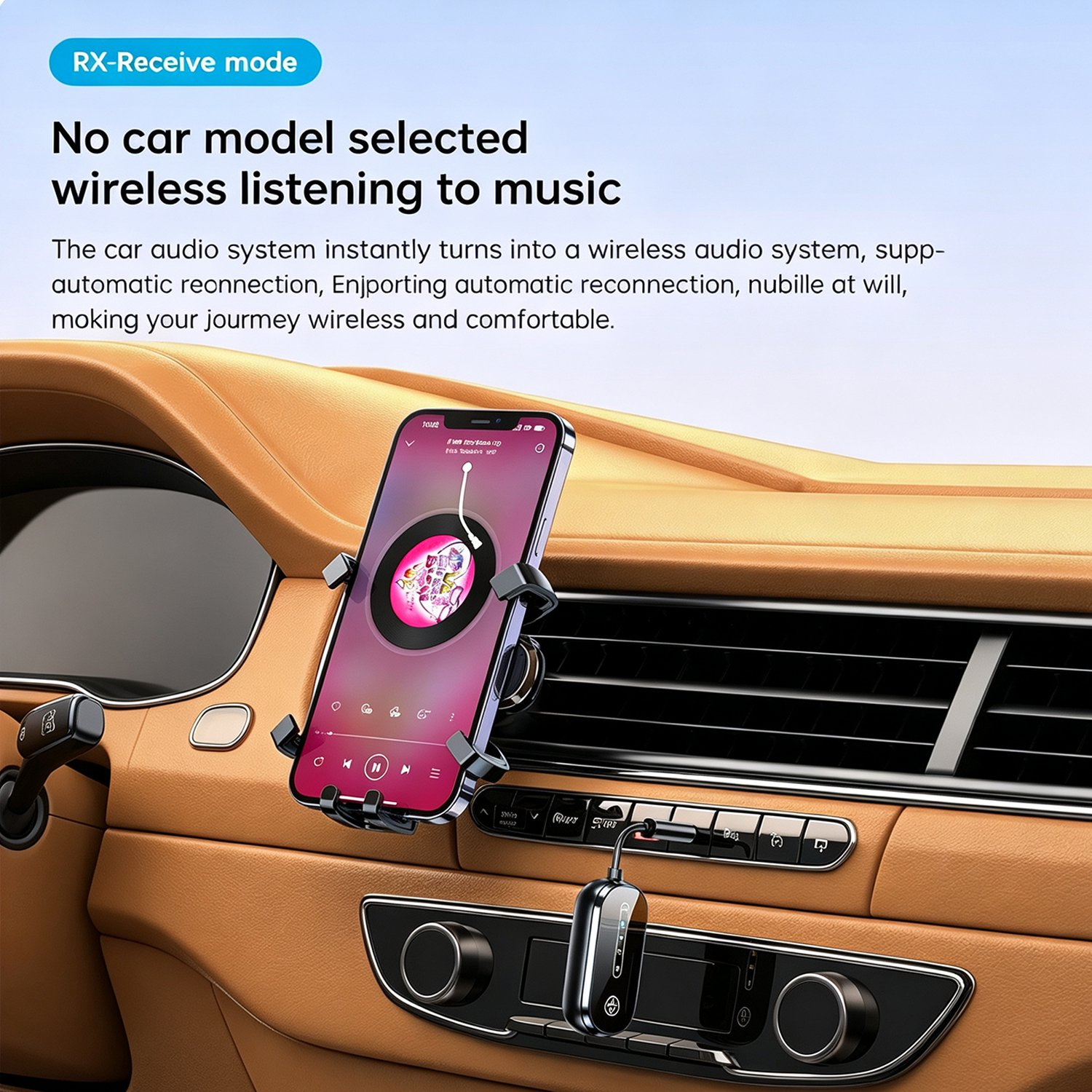 Smartphone im Halter am Autolüftungsgitter mit angeschlossenem Bluetooth-Empfänger.